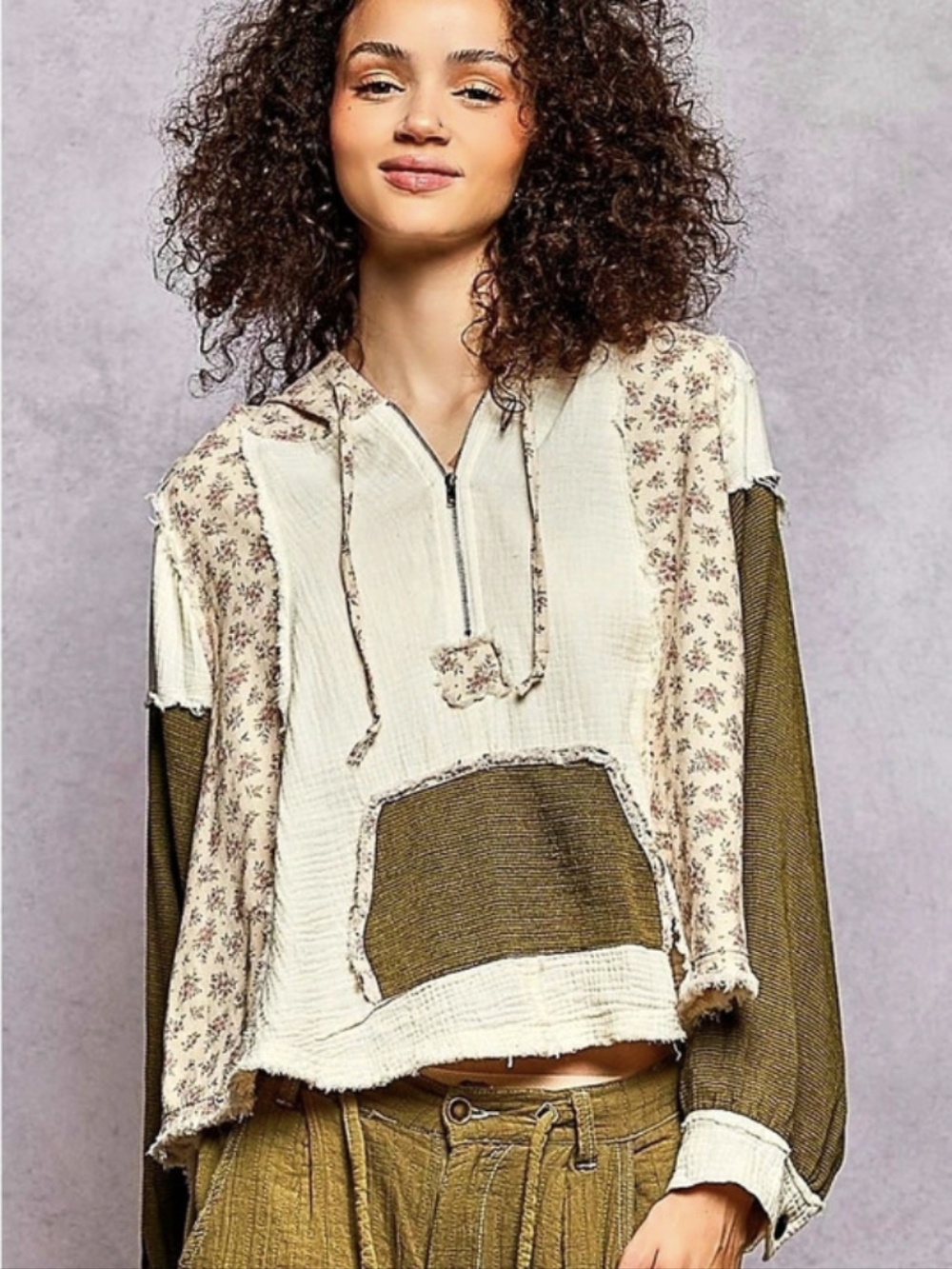 POL Floral Hooded Tunic in Cream & Green Size Small NWT